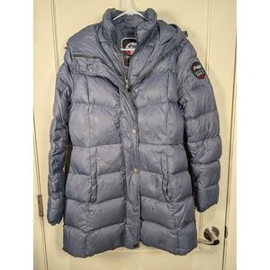 Pajar Canada Power Heat Down Puffer Coat Blue Gray Hooded Parka Jacket Womens M